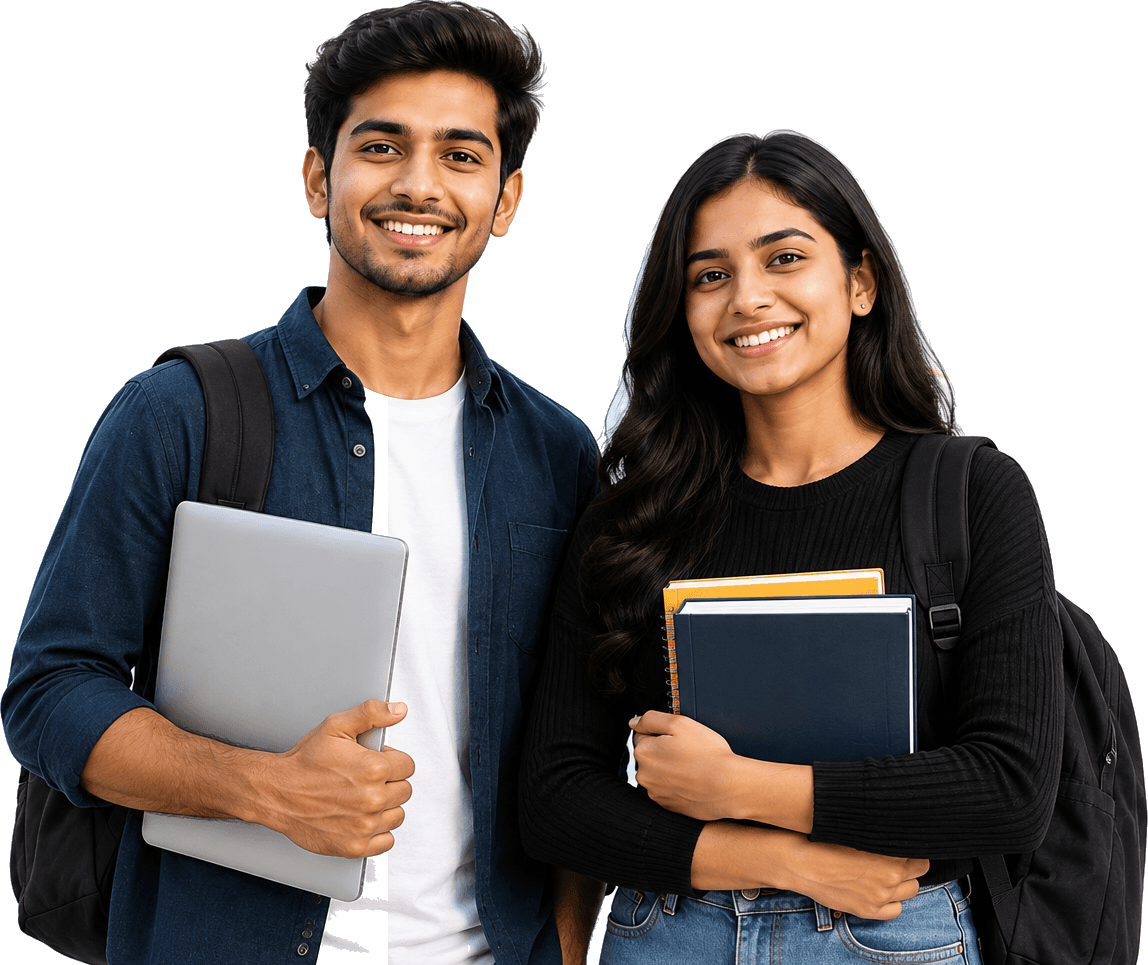 Students holding a laptop and books
